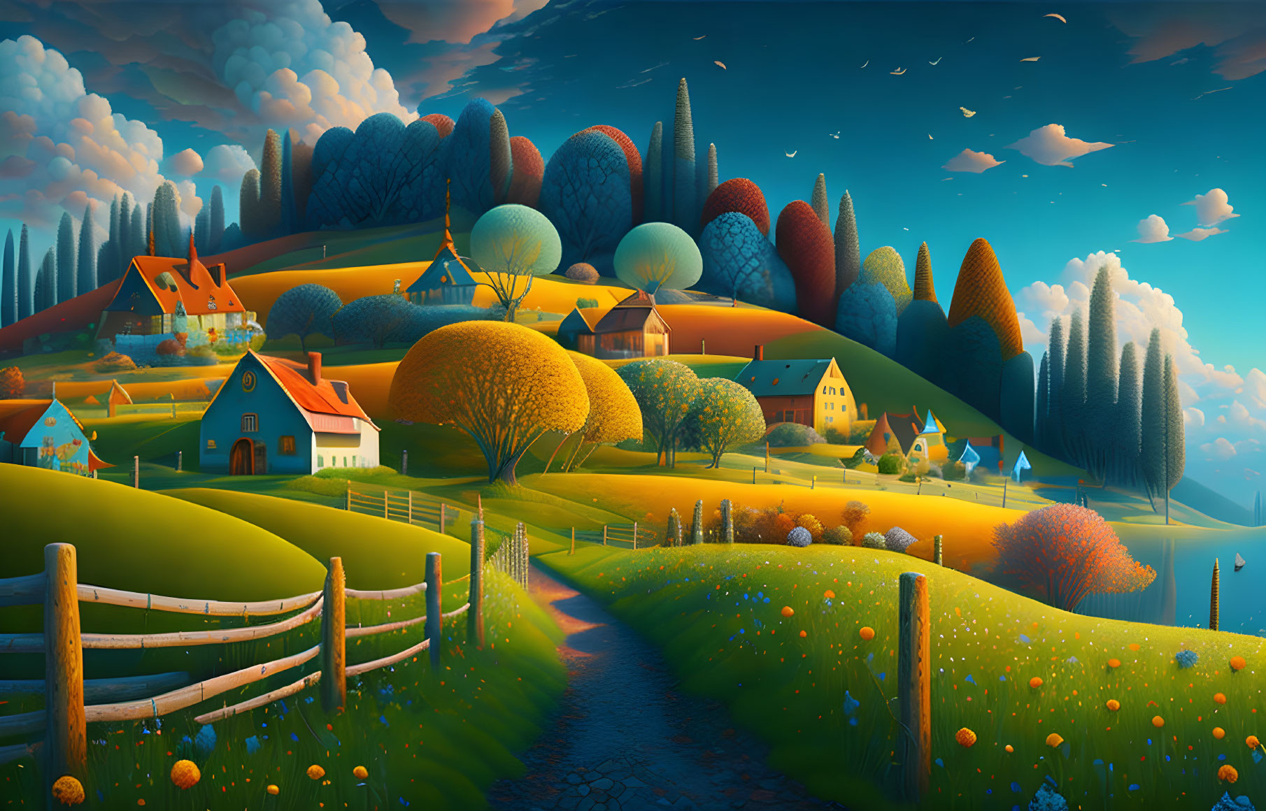 Colorful countryside landscape with whimsical trees, houses, hills, and sky.