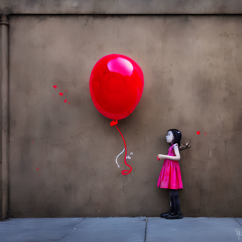 Young girl in pink skirt admiring large red balloon on beige wall with red splatters