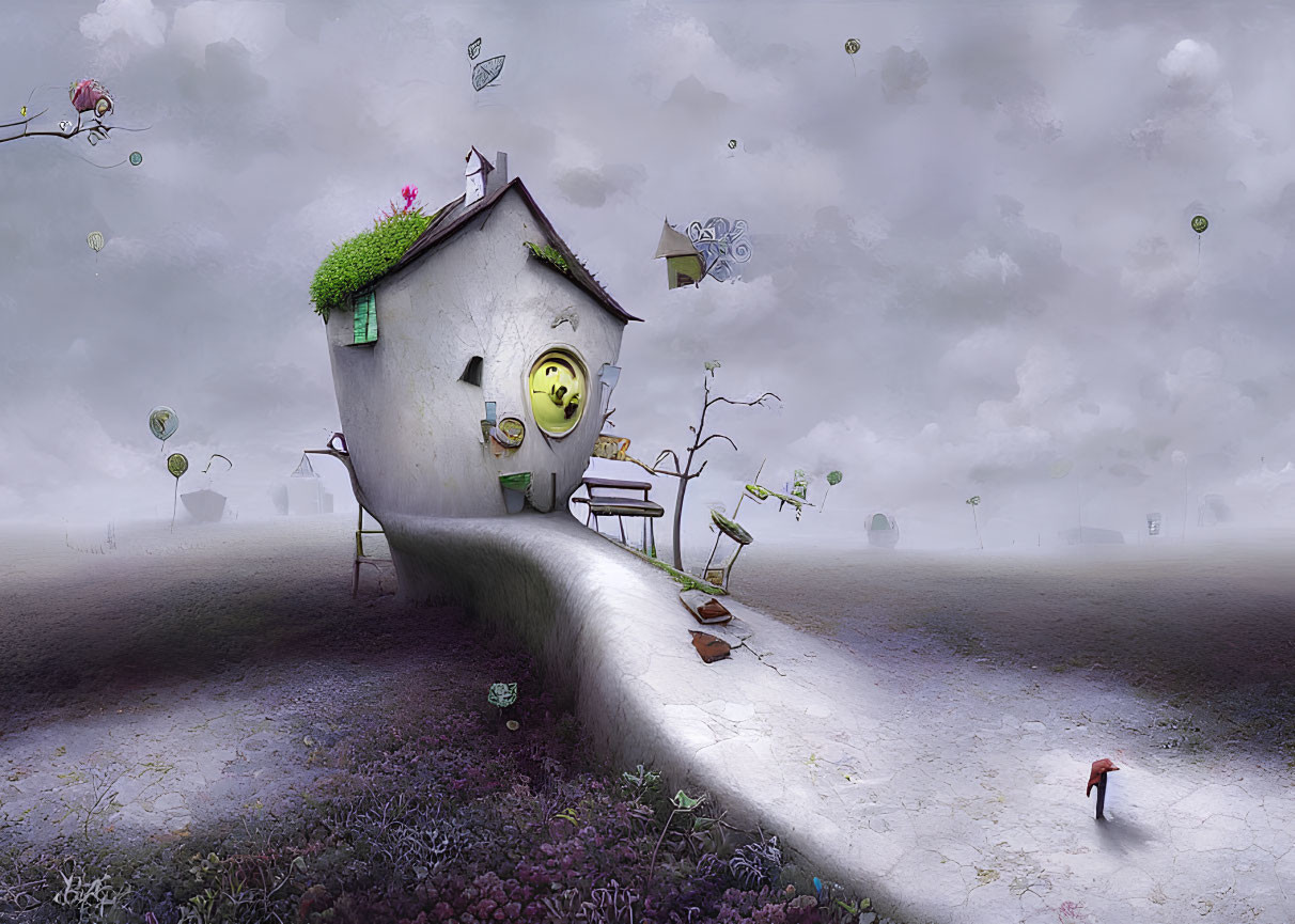 Surreal landscape with tilted house, moon-shaped window, floating objects, and solitary figure.