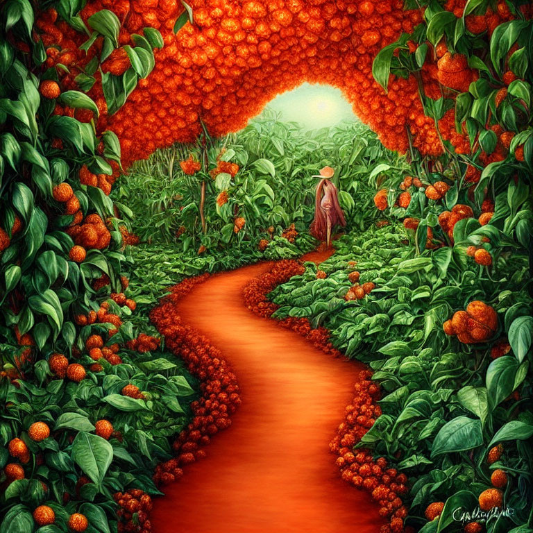 Colorful artwork of person walking on red path through orange grove with bright orange sun.