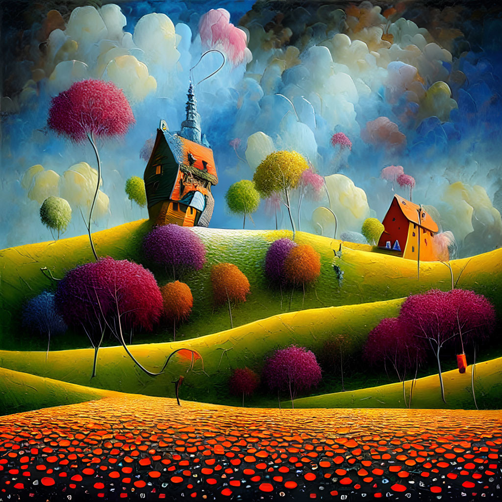 Colorful, whimsical landscape with rolling hills and quirky house