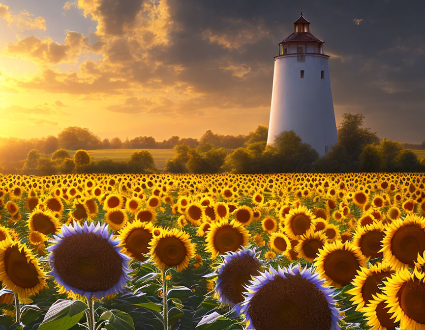 Scenic lighthouse in sunflower field at sunset