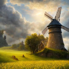 Scenic view of windmill on hill with sun rays, people in field with yellow flowers and old