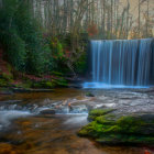 Fantasy forest scene with pink flowers, waterfall, and mystical fog