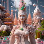 Surrealistic portrait: Female figure in pink landscape with whimsical architecture.