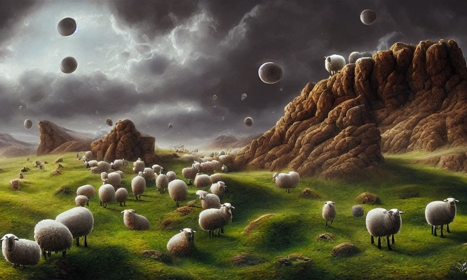 Surreal landscape with sheep, floating rocks, and stormy clouds