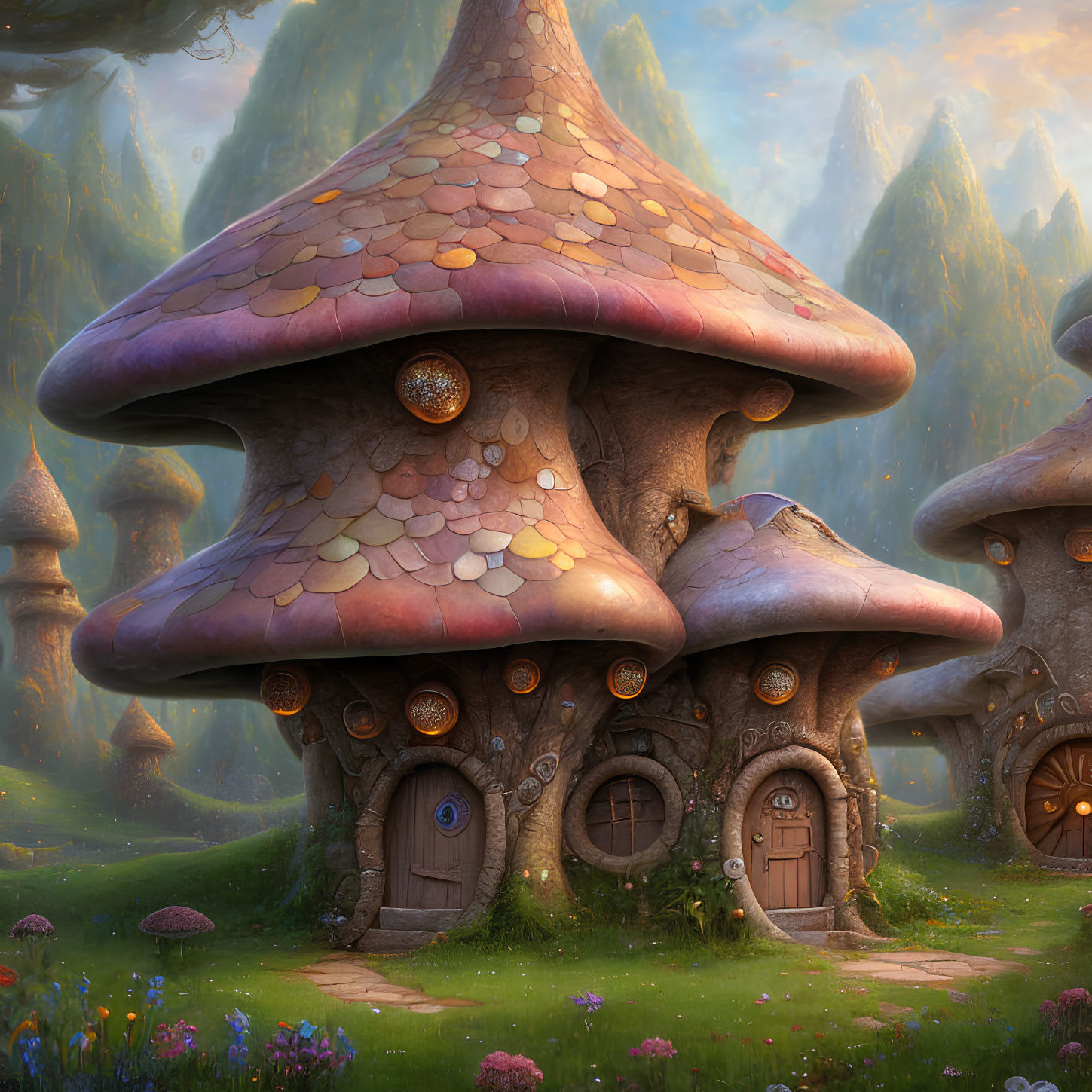 Fantasy Mushroom Houses in Magical Forest Glade