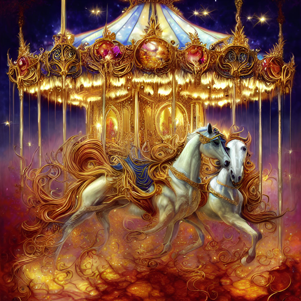 Golden carousel with ornate details and white horses under starry night sky