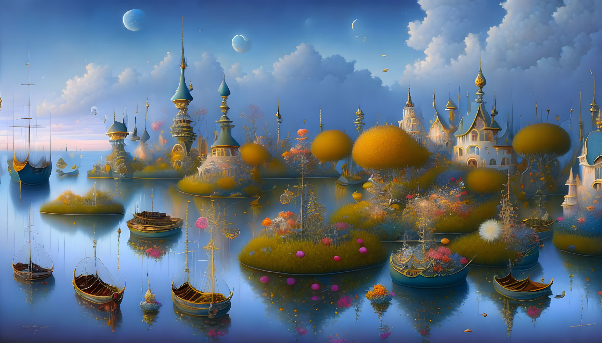 Colorful Floating Island Landscape with Moons and Castles