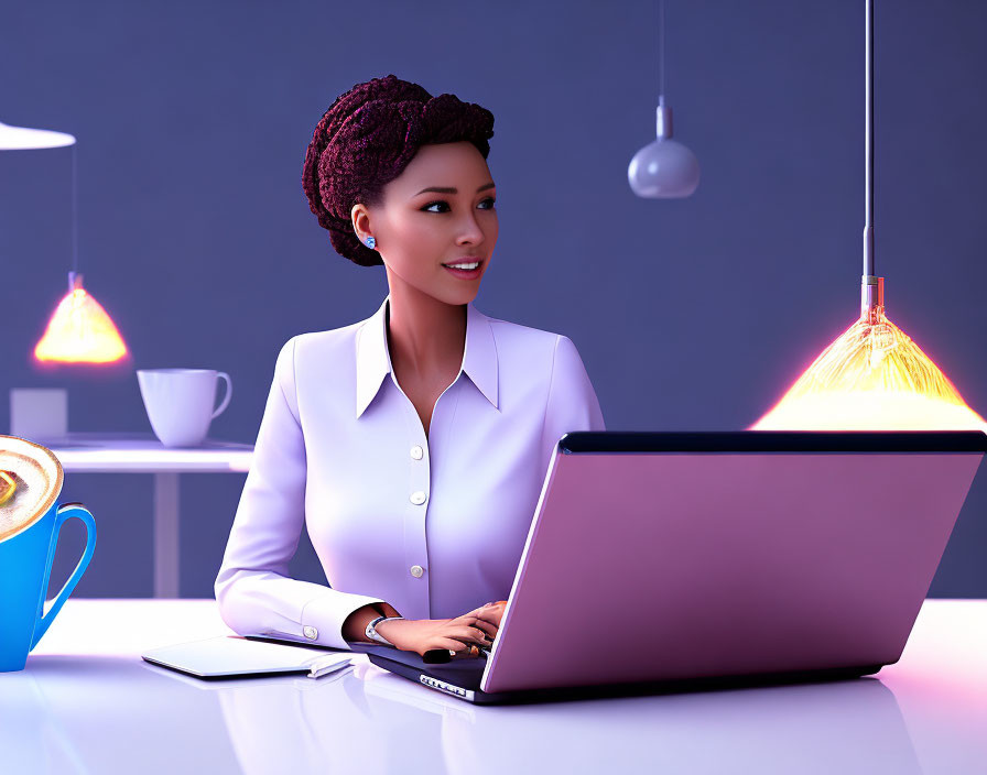 Professional woman with updo works on laptop in modern office