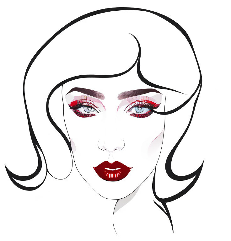 Stylized female face with bold red lips and black bob hairstyle