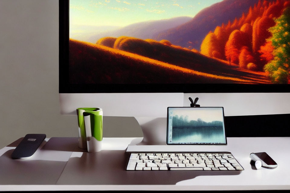 Contemporary workspace with large monitor, landscape wallpaper, laptop, keyboard, mouse, and mug on desk