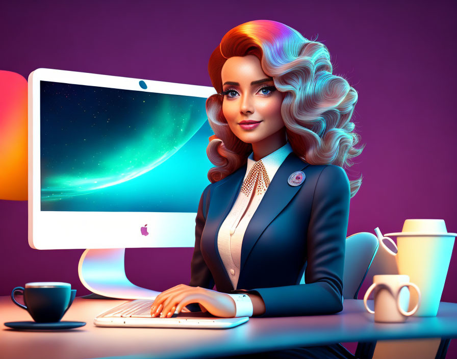 Stylized 3D illustration of woman at desk with iMac, keyboard, and coffee on