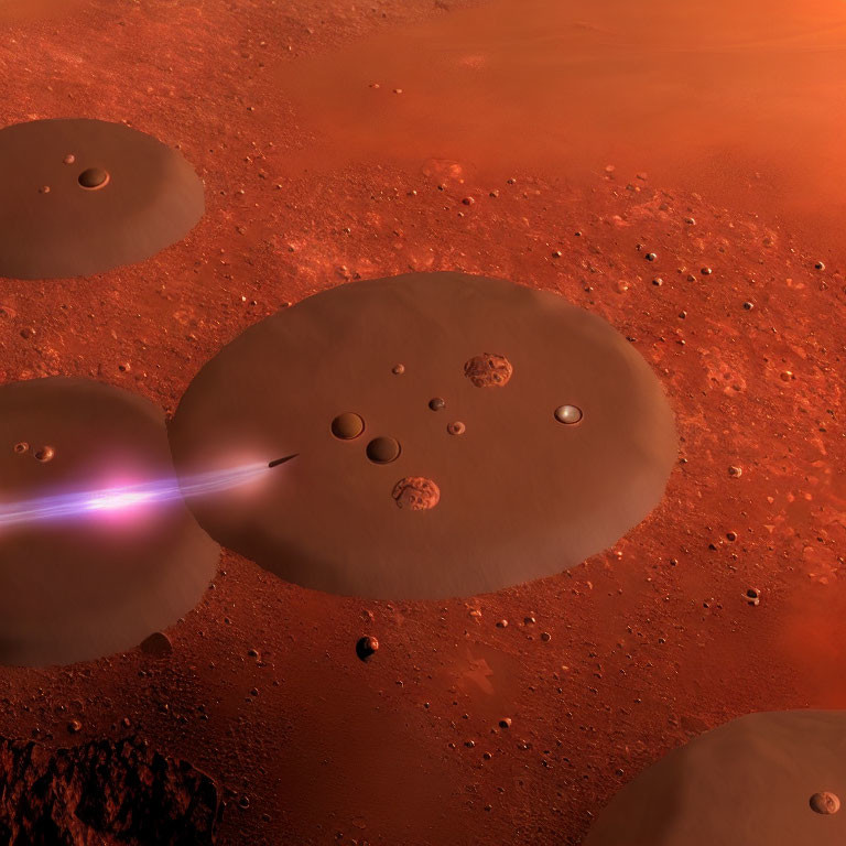 Martian landscape digital illustration with saucer-shaped spaceships