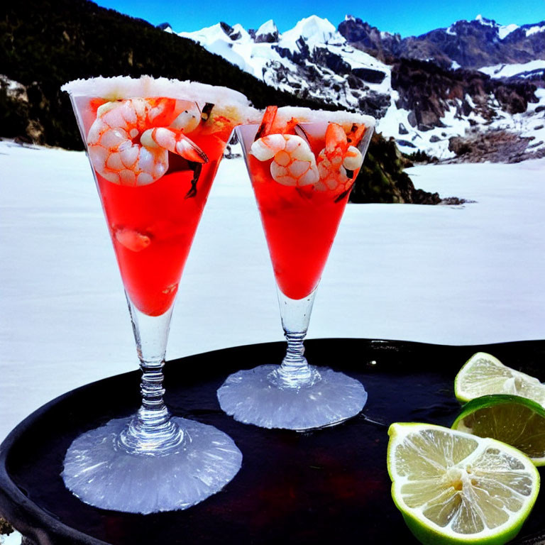 Shrimp cocktails with limes on tray, snowy mountain backdrop