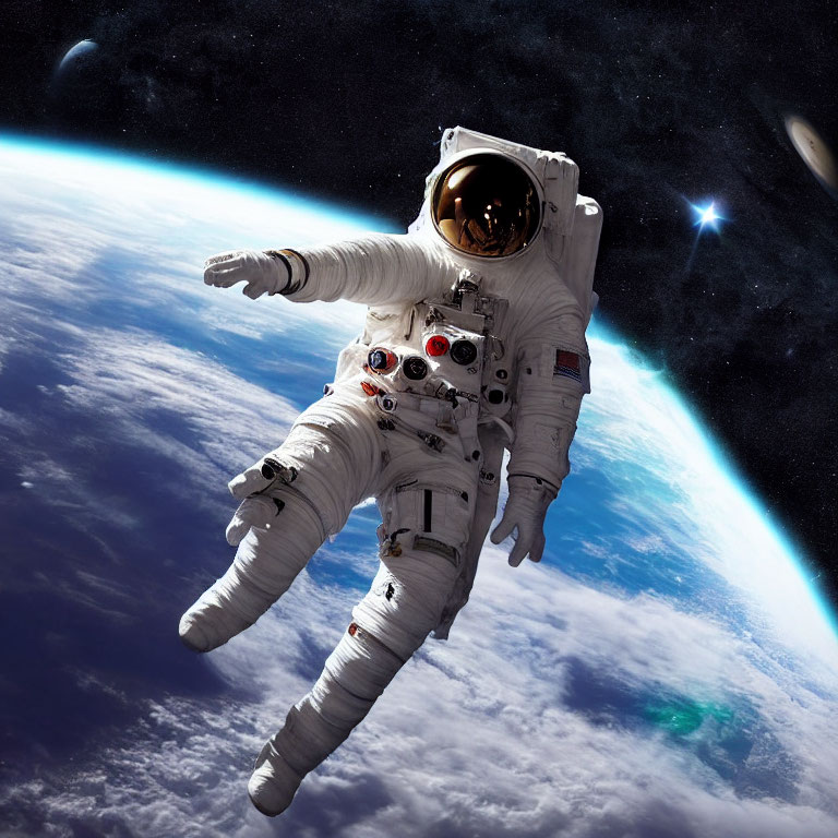 Astronaut in white space suit with gold visor floating above Earth