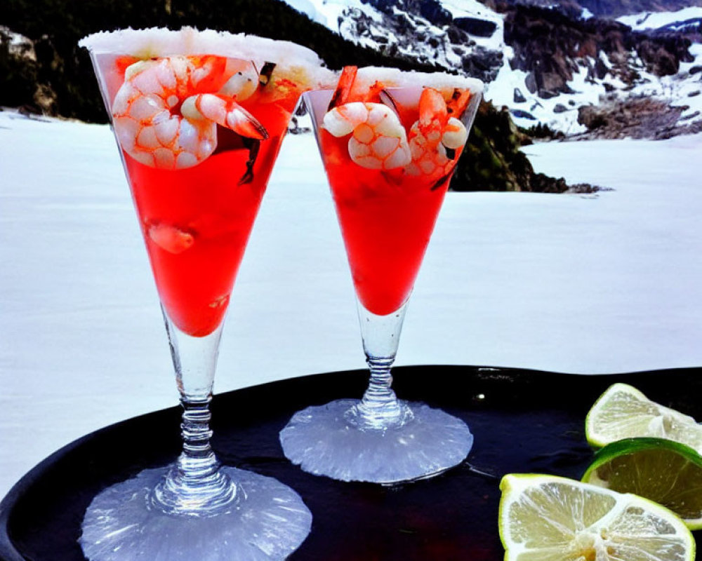 Shrimp cocktails with limes on tray, snowy mountain backdrop