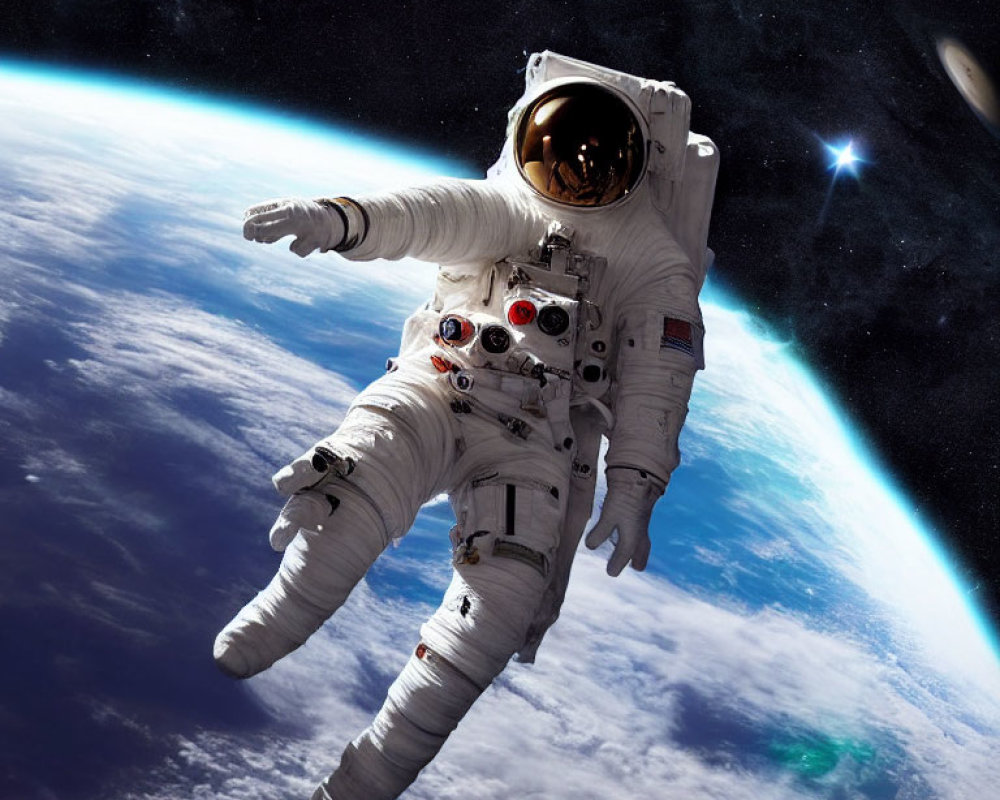 Astronaut in white space suit with gold visor floating above Earth