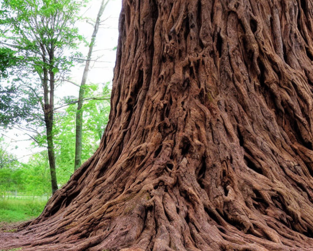 Majestic tree trunk with textured bark and sprawling roots