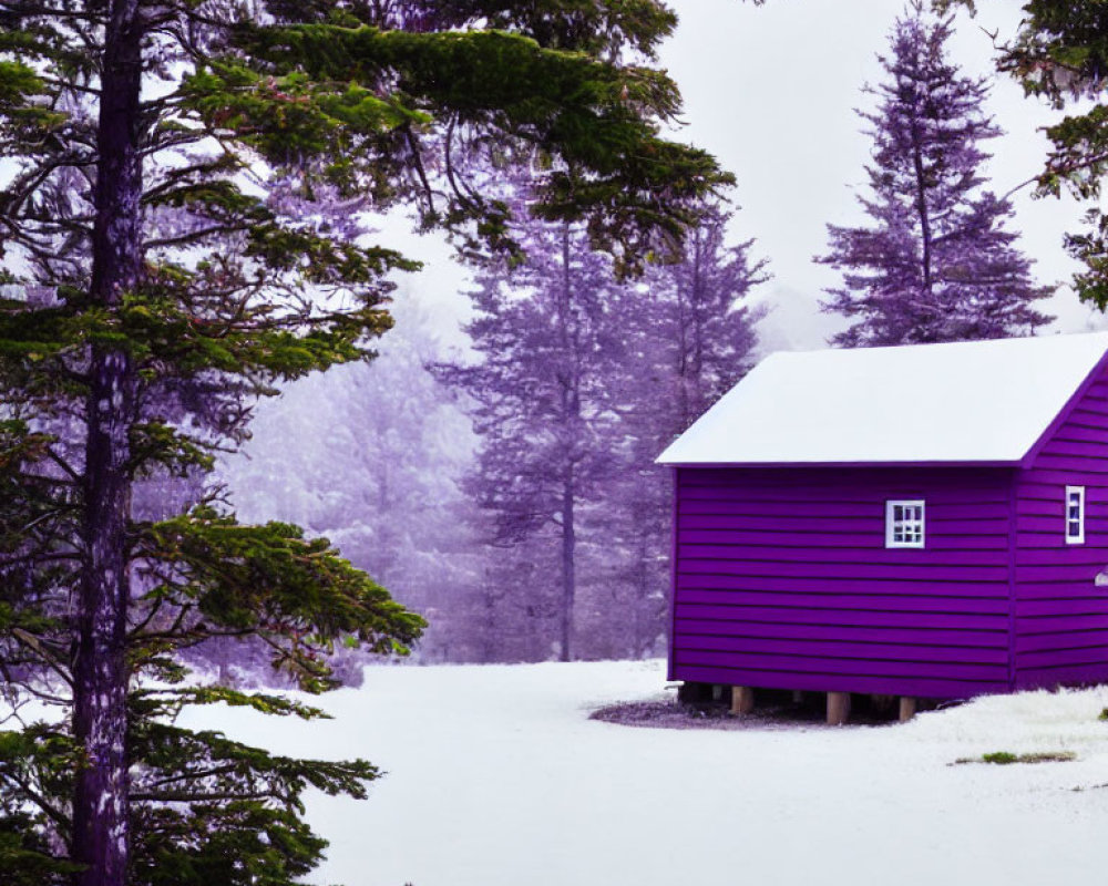 Purple cabin in snowy landscape with misty evergreen trees