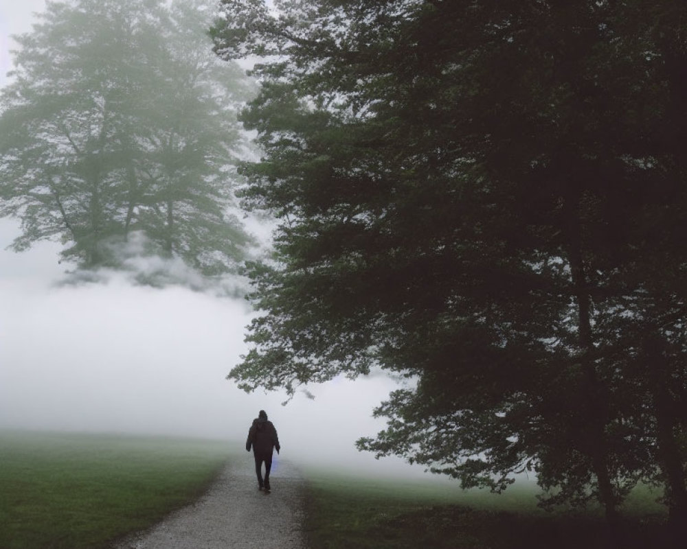 Person walking down misty path surrounded by trees