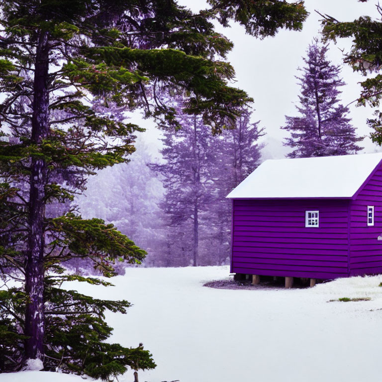 Purple cabin in snowy landscape with misty evergreen trees