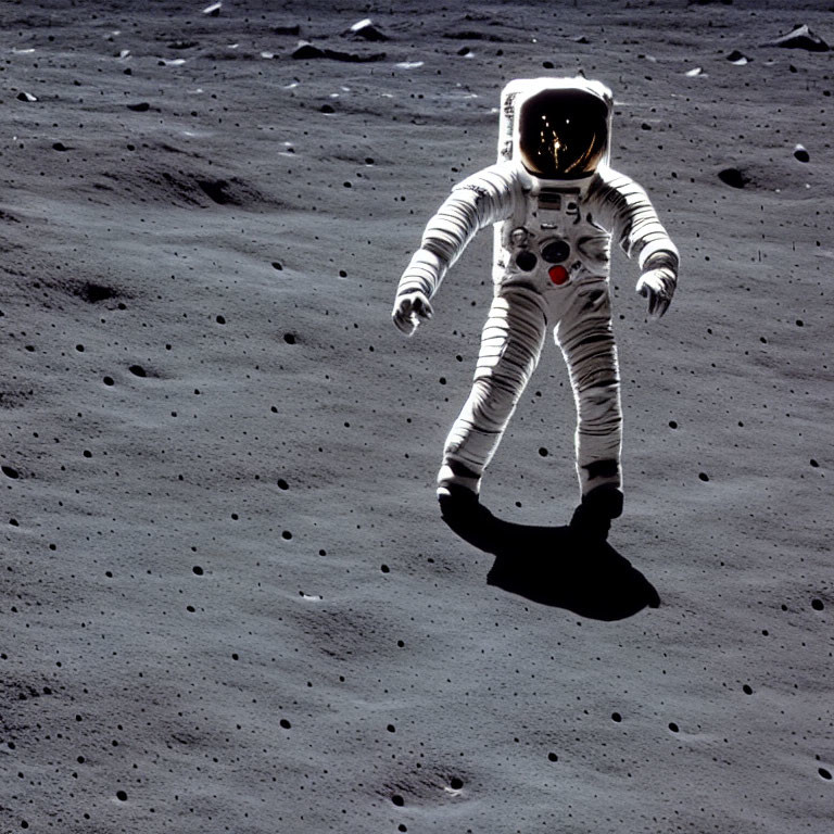 Astronaut in white space suit on moon's dark, cratered surface