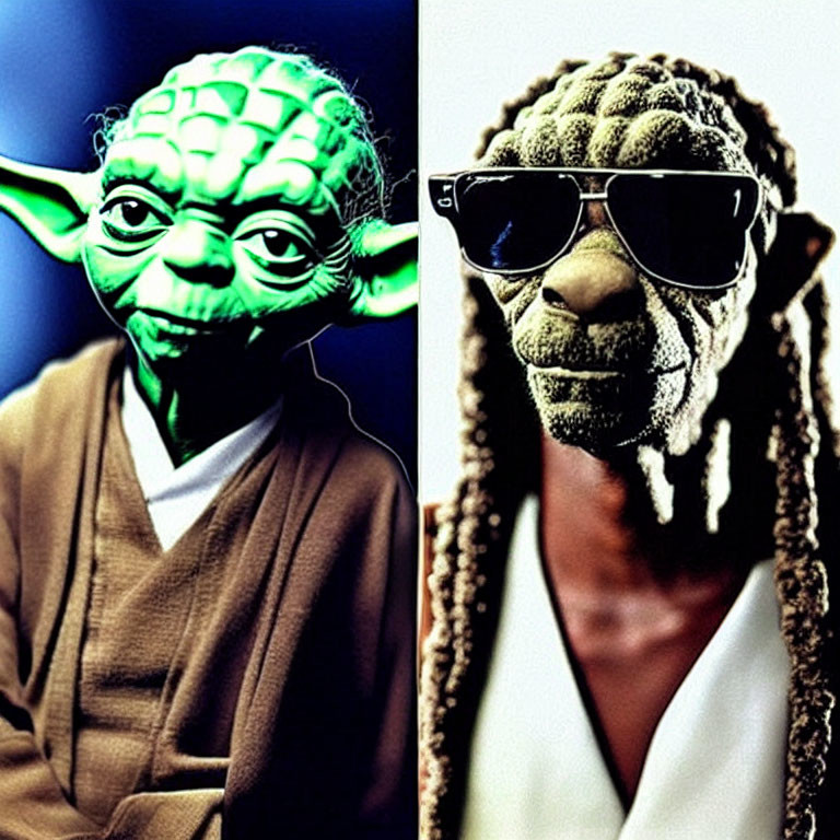 Split Image: Yoda and Man with Dreadlocks in Sunglasses