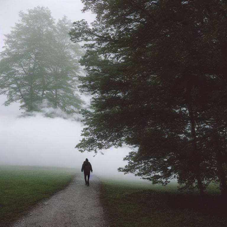 Person walking down misty path surrounded by trees