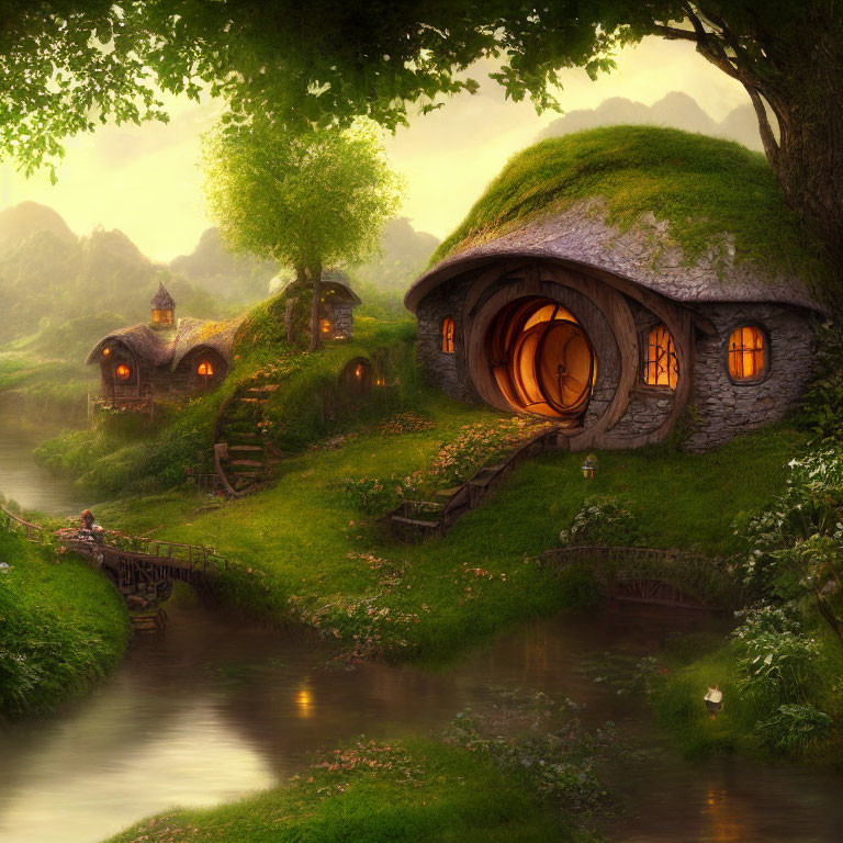 Cozy round door hobbit homes in green hills by a serene river