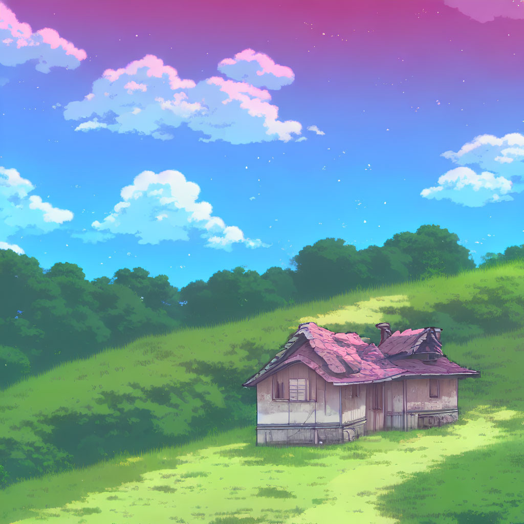 Quaint house on grassy hill under pink-hued sky