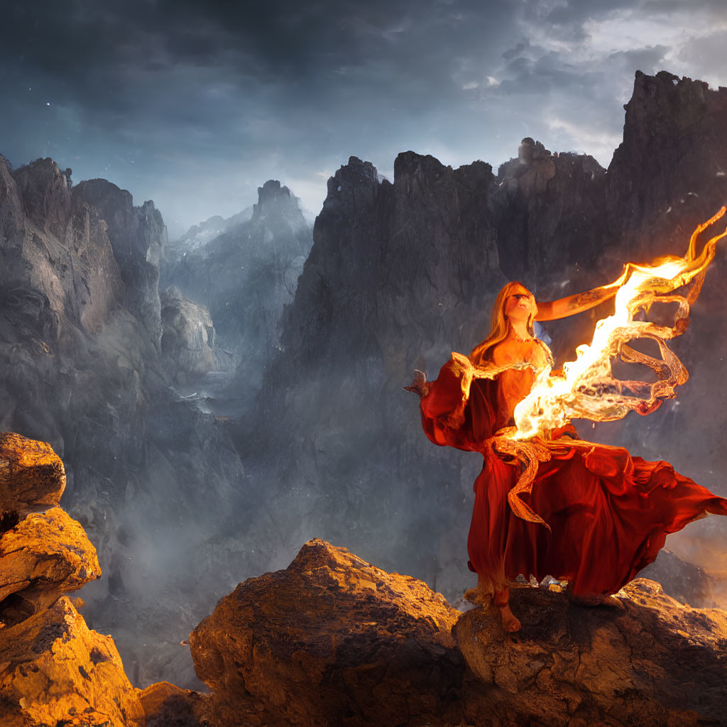 Woman in flowing red dress with fiery torch on mountaintop