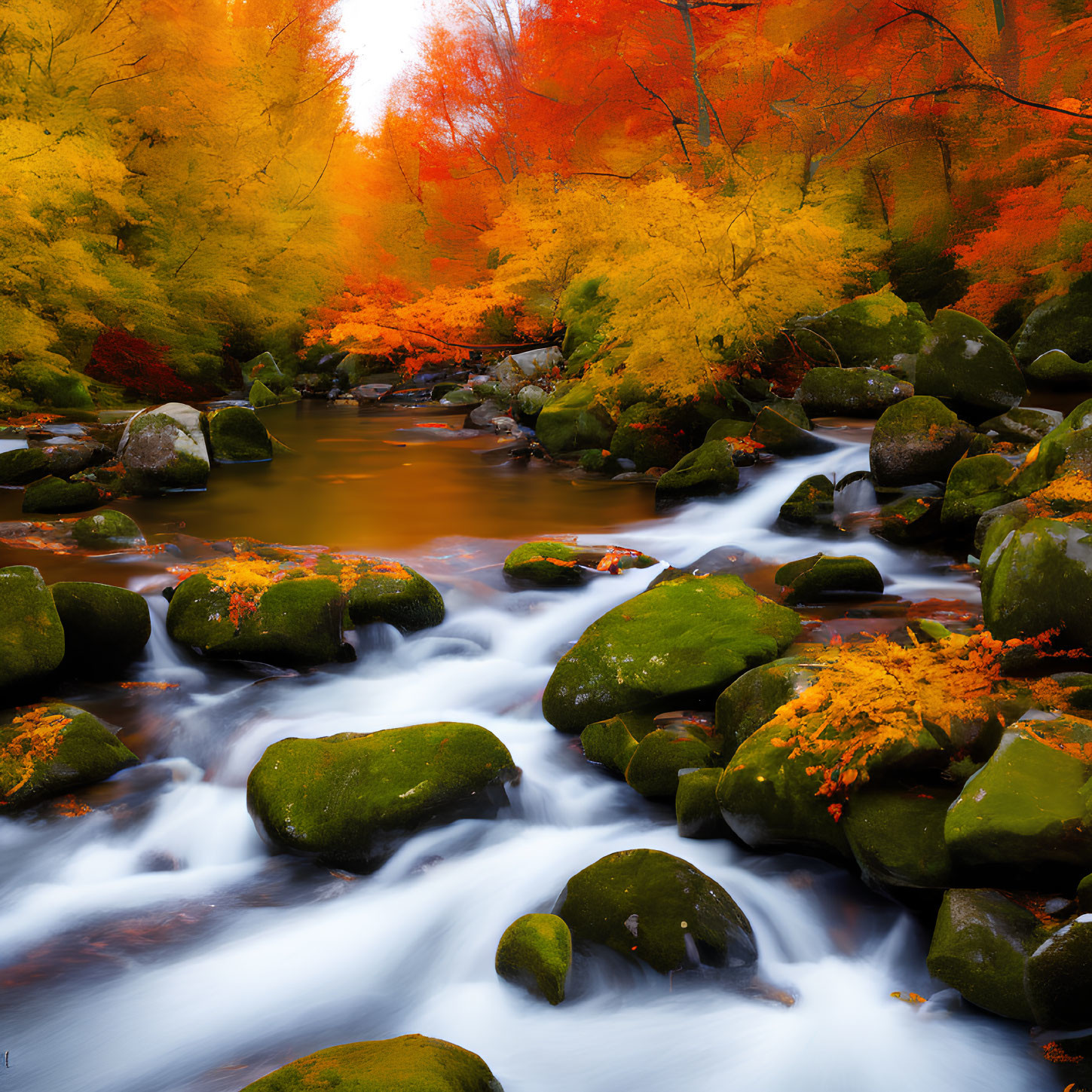 Tranquil autumn river with vibrant foliage and moss-covered rocks