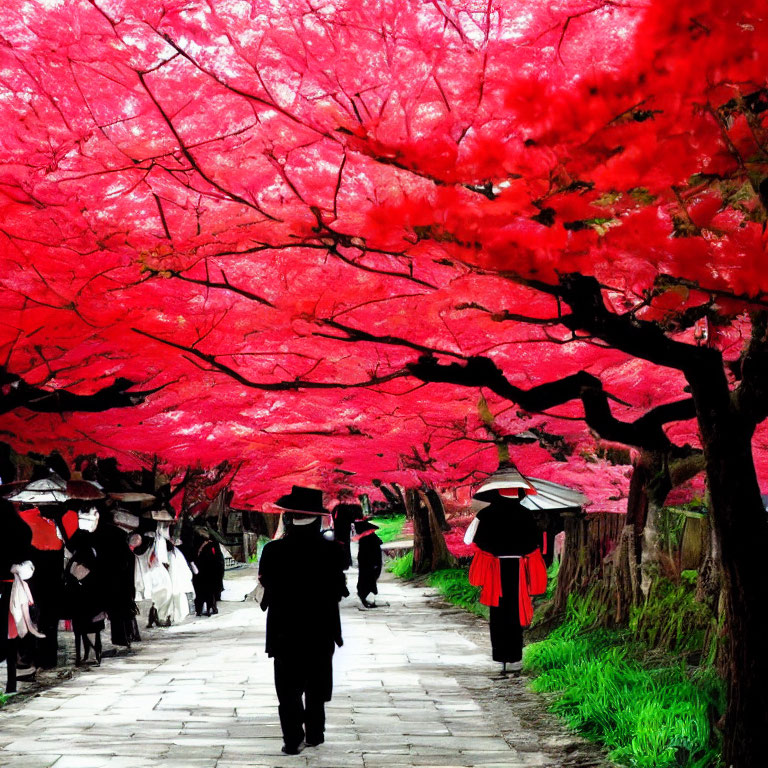 Vibrant red trees line stone pathway for peaceful stroll.