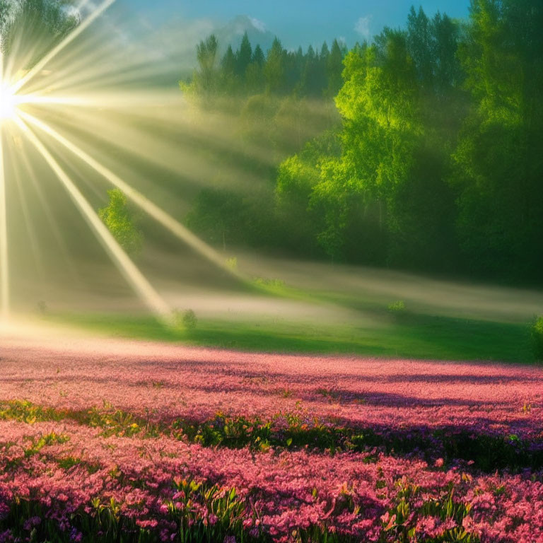 Sunrays Through Trees Illuminate Pink Flowers in Misty Greenery