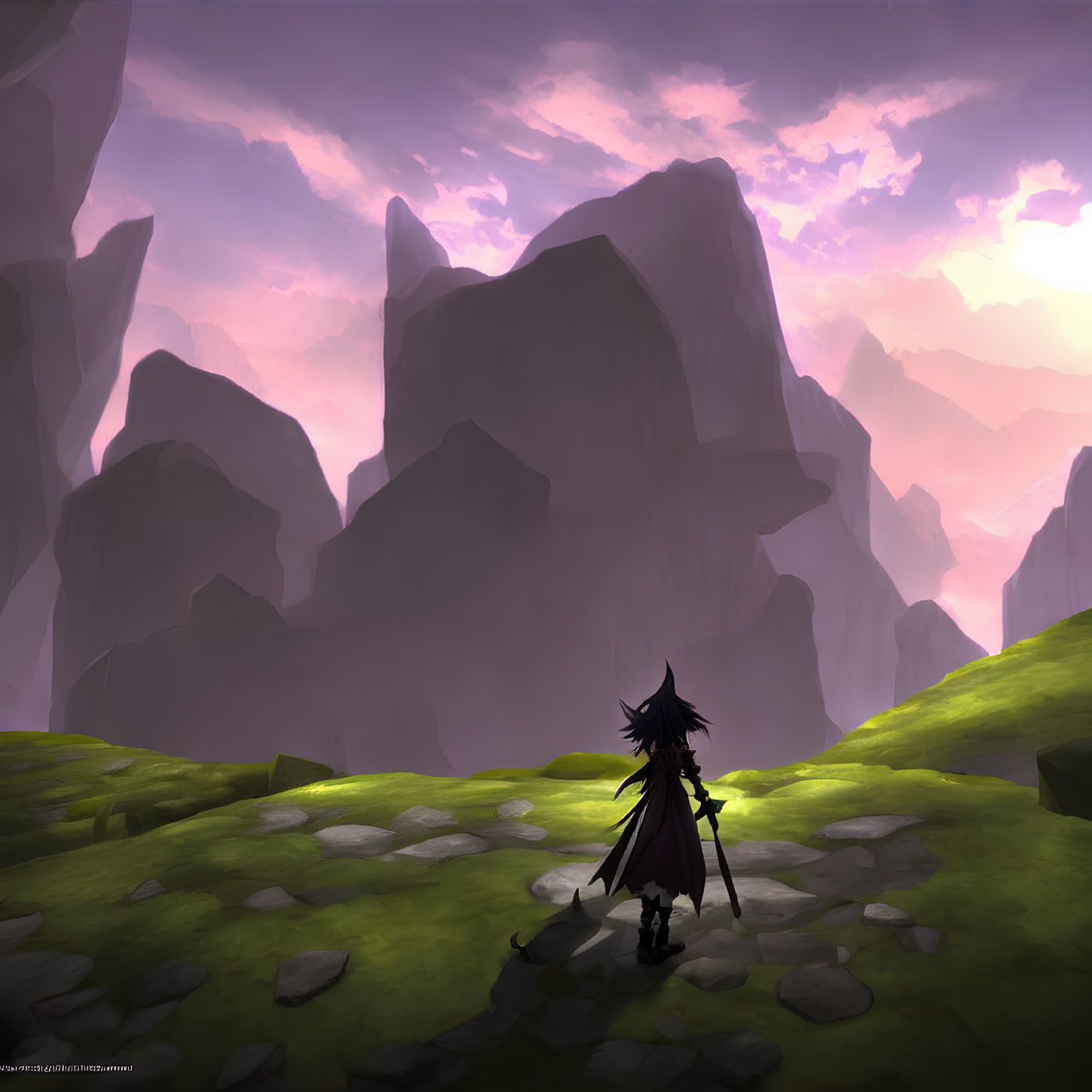 Solitary figure with sword gazes at cliffs under purple sunset sky