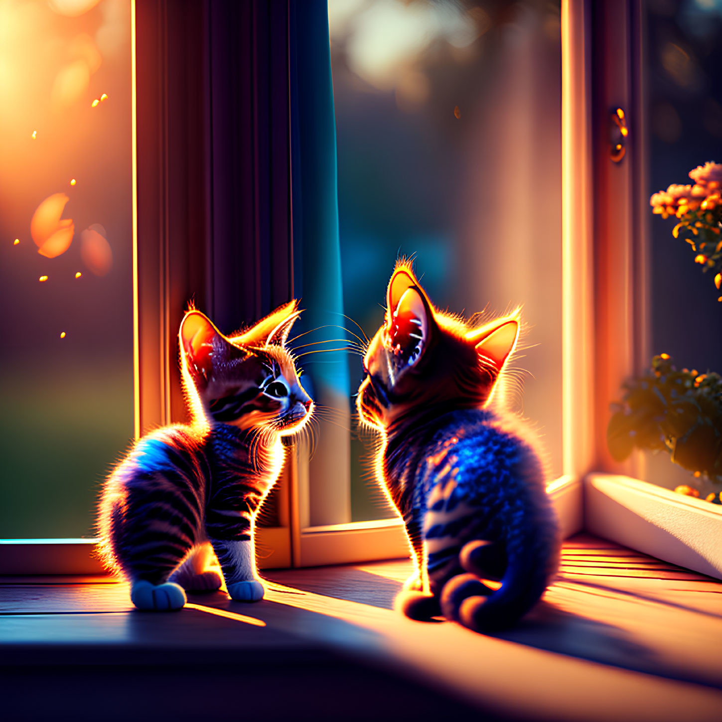 Two Kittens Enjoying Sunset Glow by Window