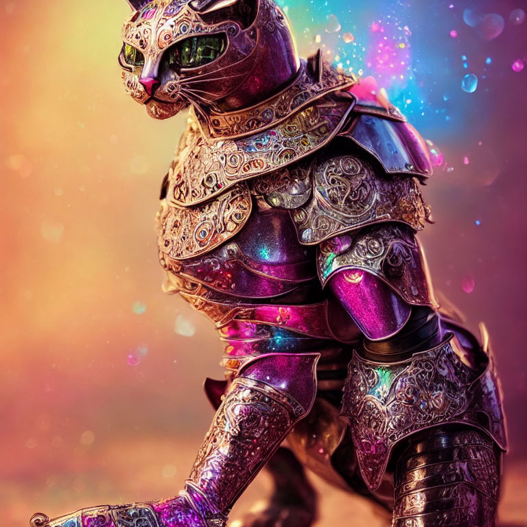 Colorful Armored Feline Figure in Intricate Metallic Designs