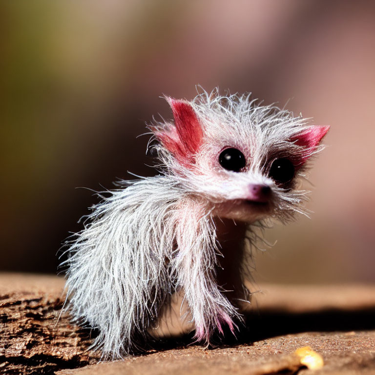 Small Fluffy Creature with Large Eyes on Wooden Surface