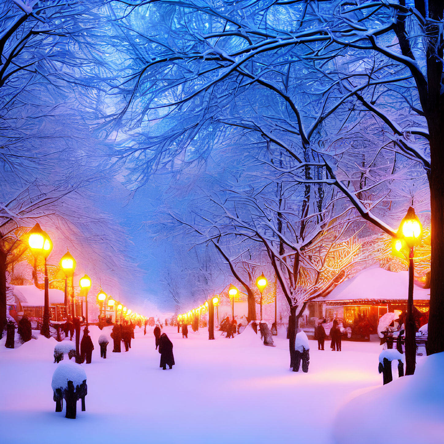 Snow-covered park at dusk with glowing lampposts and frosted trees.