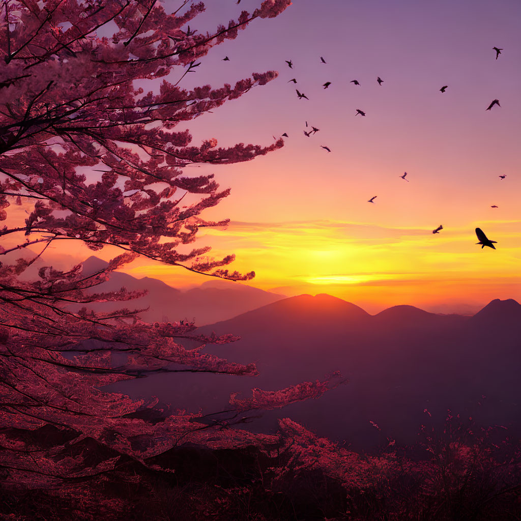 Colorful sunset with cherry blossoms, mountains, and birds in the sky