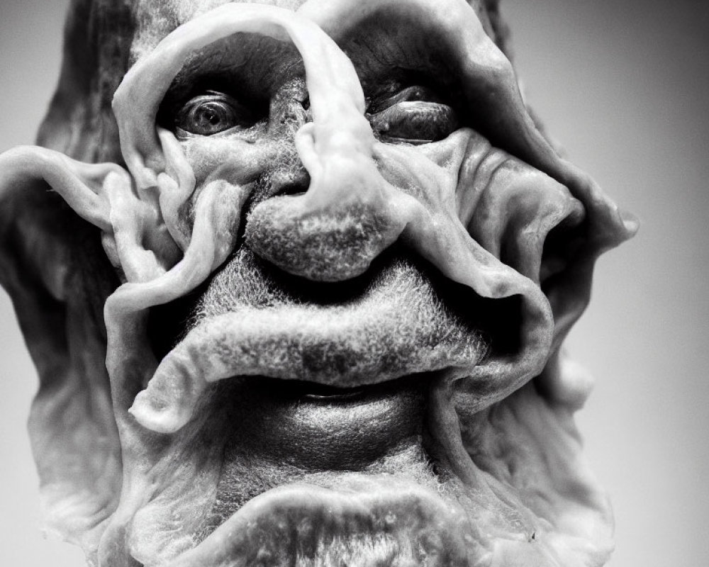 Monochrome photo of person in exaggerated, grotesque mask