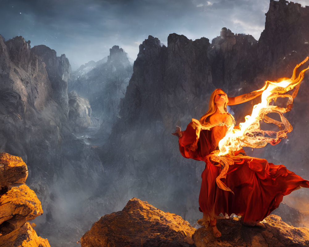 Woman in flowing red dress with fiery torch on mountaintop