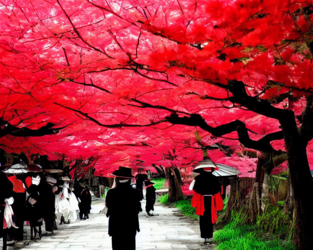 Vibrant red trees line stone pathway for peaceful stroll.