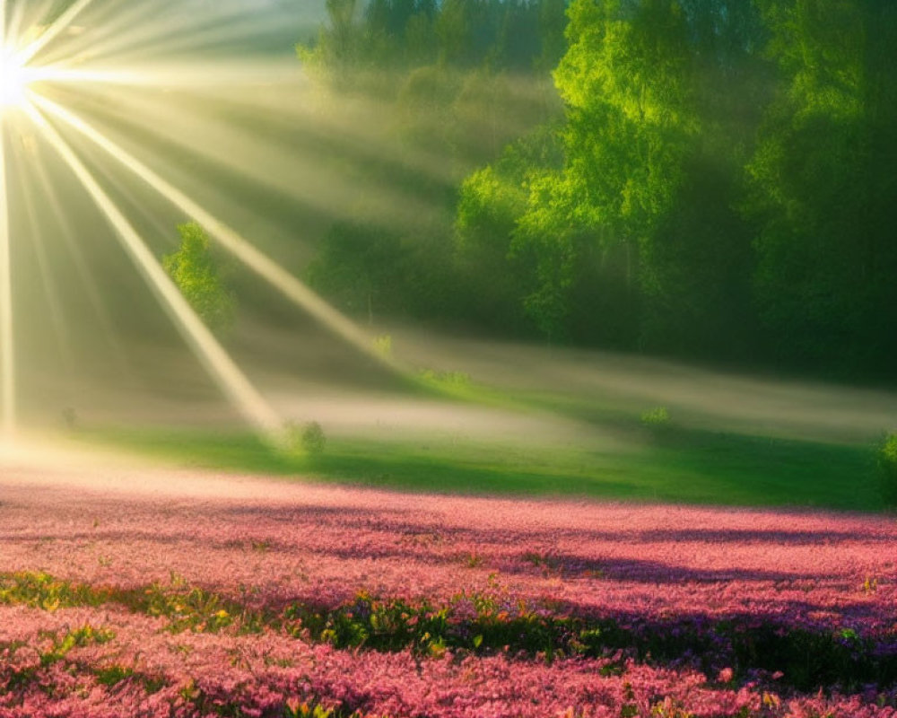 Sunrays Through Trees Illuminate Pink Flowers in Misty Greenery