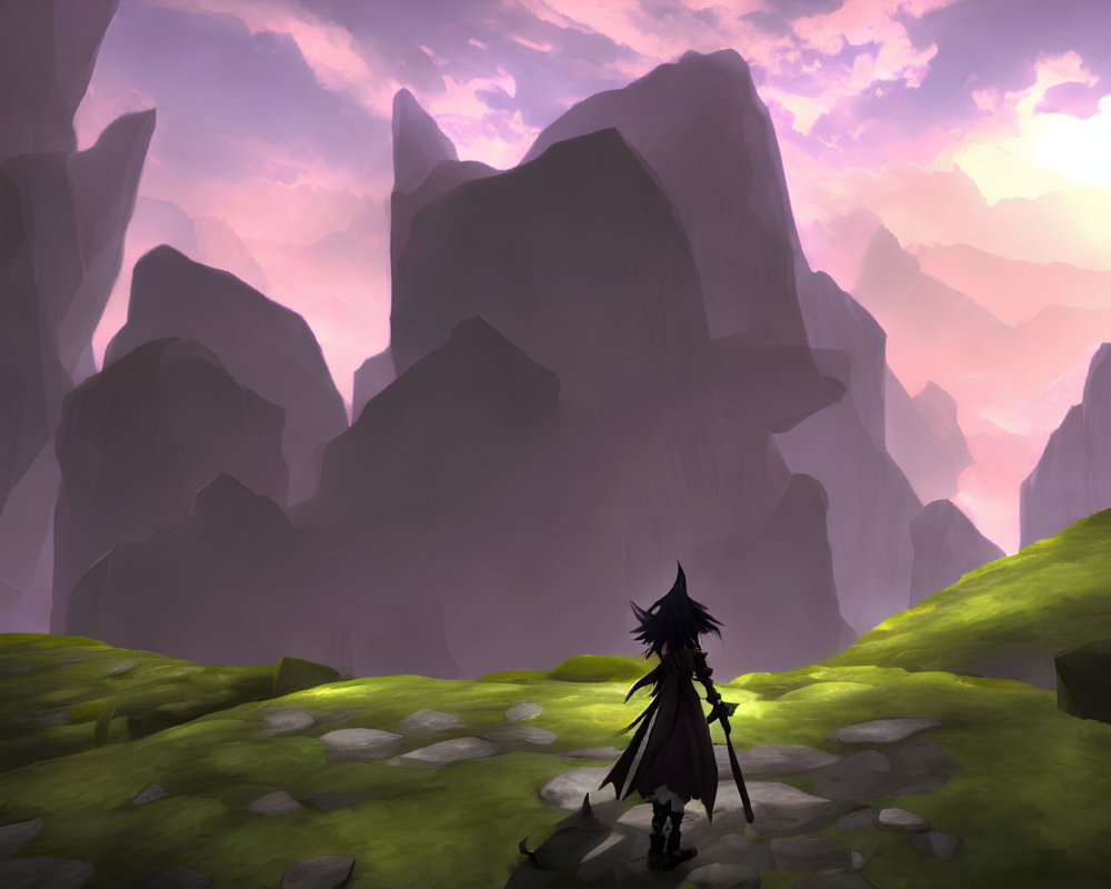 Solitary figure with sword gazes at cliffs under purple sunset sky