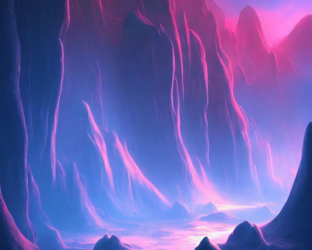 Surreal Landscape with Purple and Pink Hues and Rock Formations