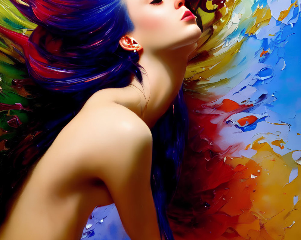 Serene woman with flowing hair in colorful abstract background