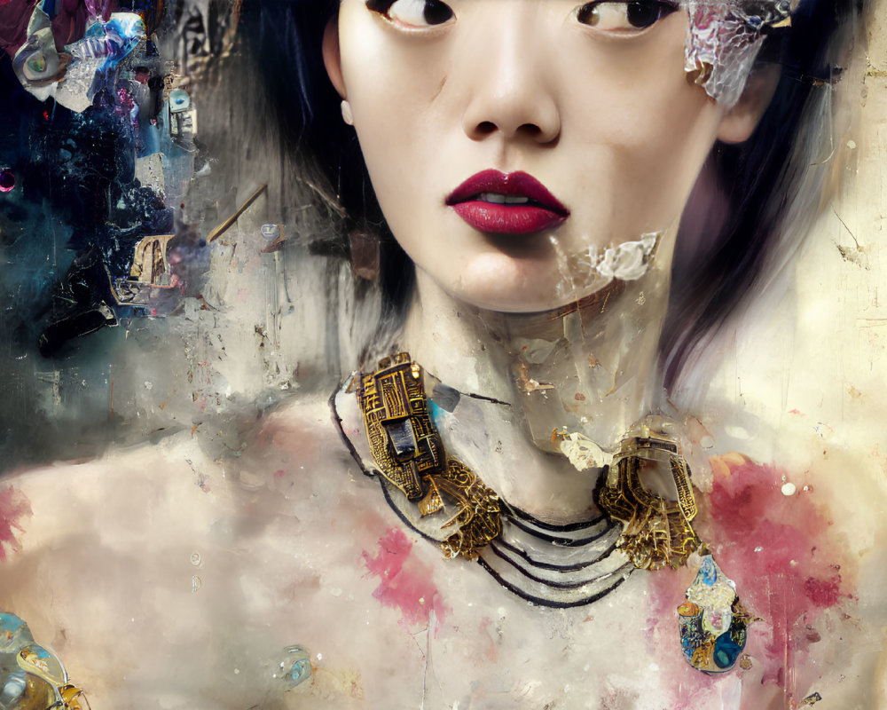 Detailed woman portrait with red lips, intricate necklace, abstract textures.