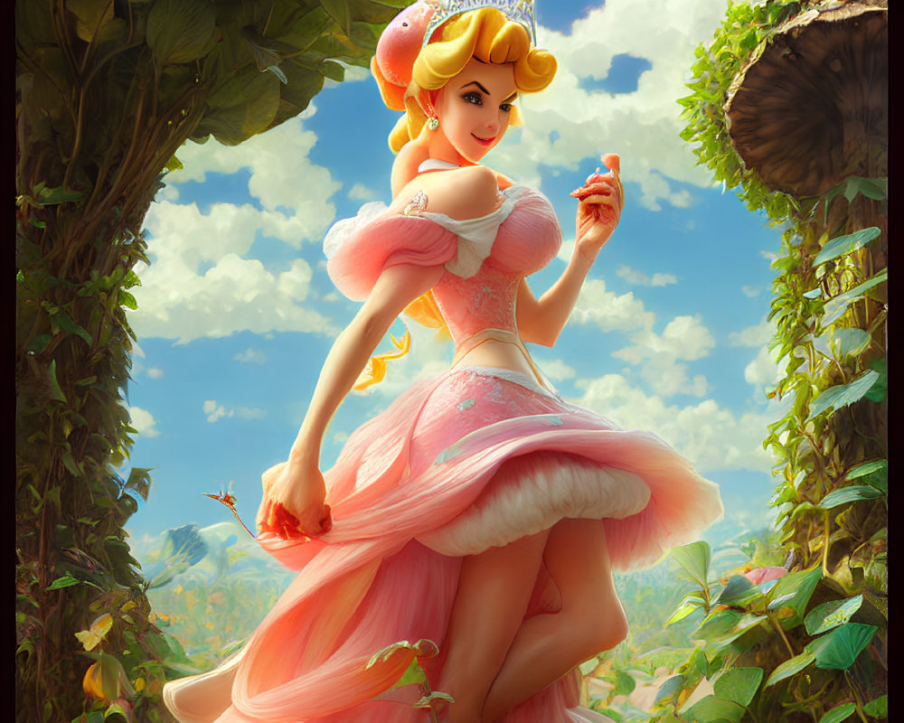 Princess in Pink Gown and Tiara in Lush Forest